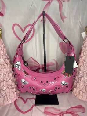 Ed Hardy Pink Shoulder Bag- Studs Heart and rose Tattoo Print Handbag